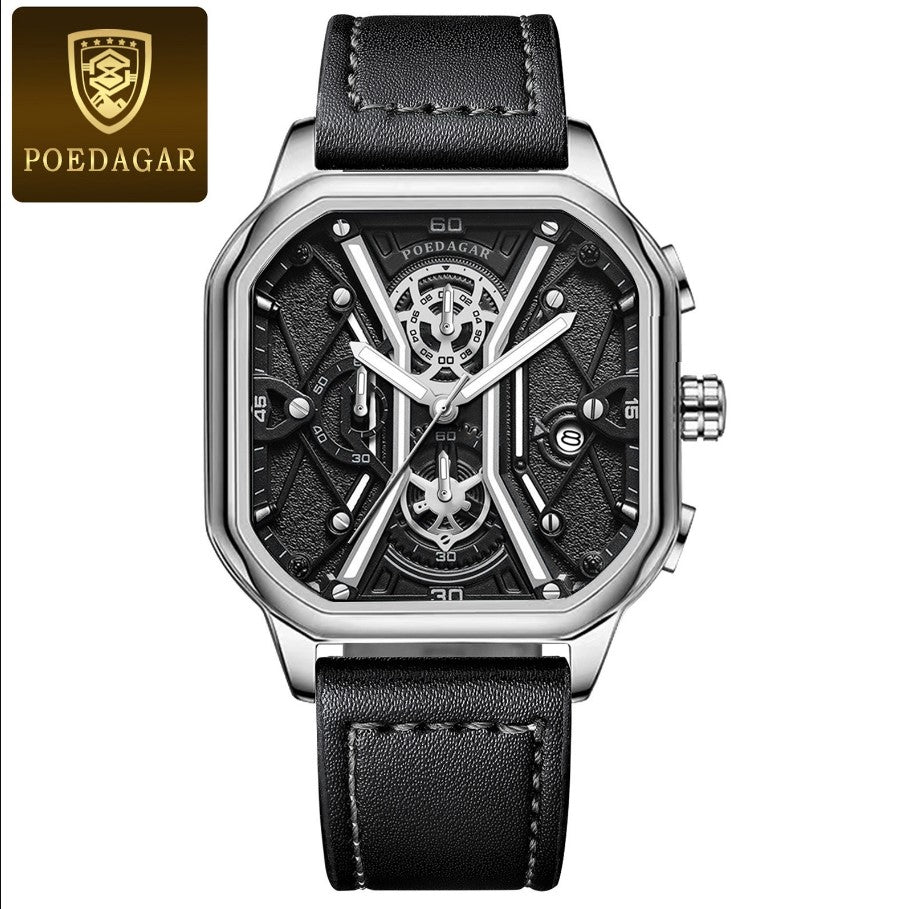 POEDAGAR Luxury Wristwatches Chronograph Leather Quartz Men's Watches - Silver Black_0